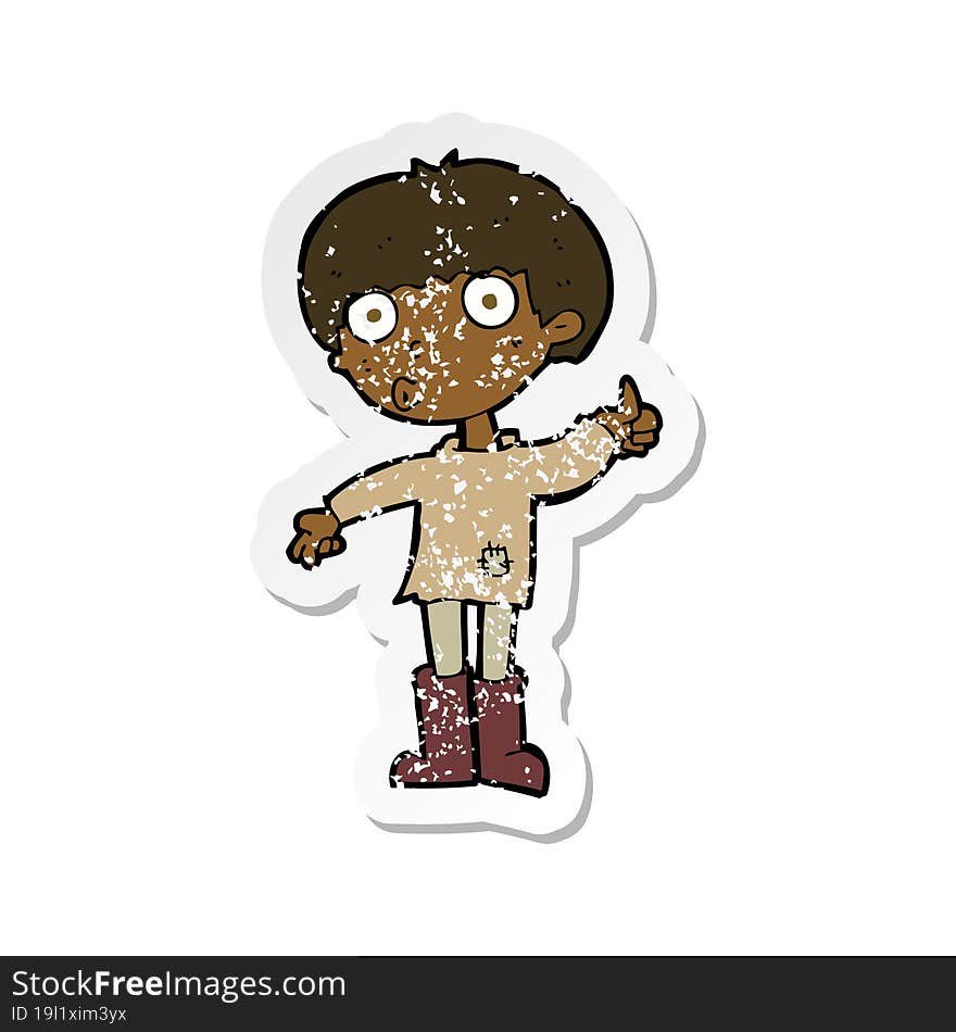 retro distressed sticker of a cartoon boy asking question