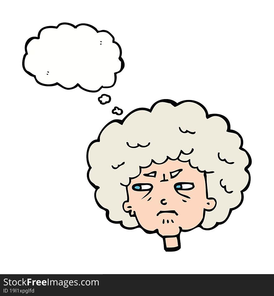 cartoon bitter old woman with thought bubble