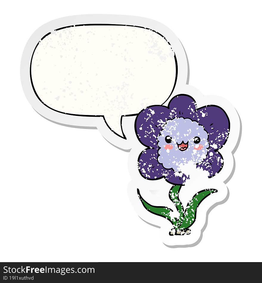 cartoon flower and speech bubble distressed sticker