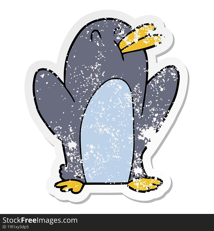 distressed sticker of a cartoon penguin