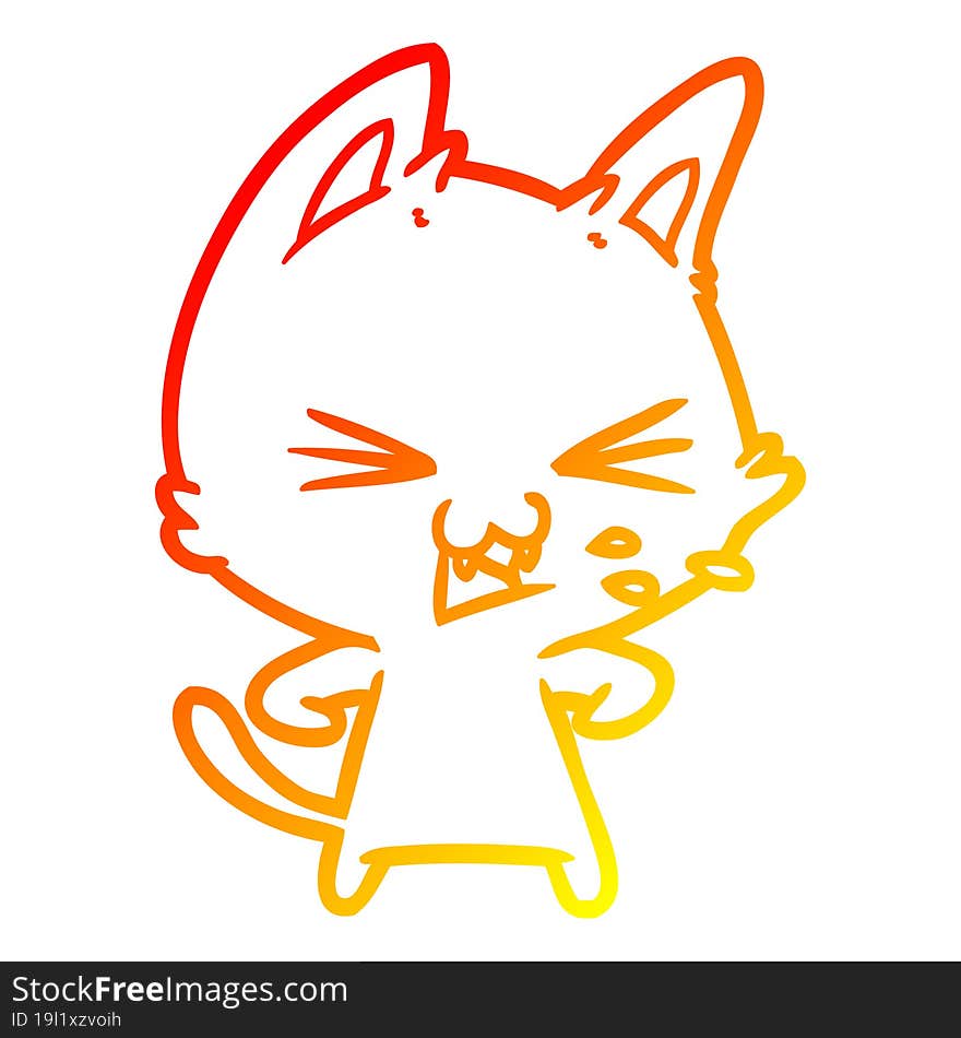 warm gradient line drawing of a cartoon cat hissing