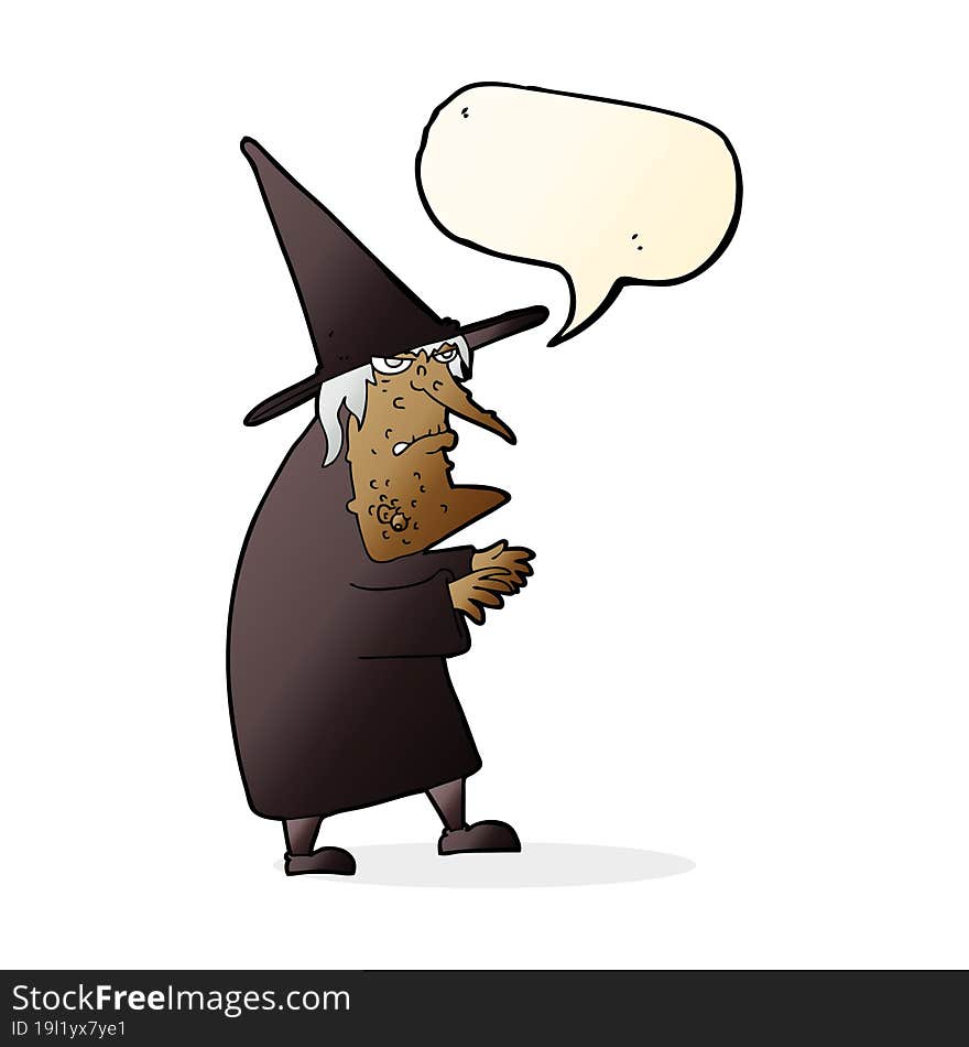 cartoon ugly old witch with speech bubble