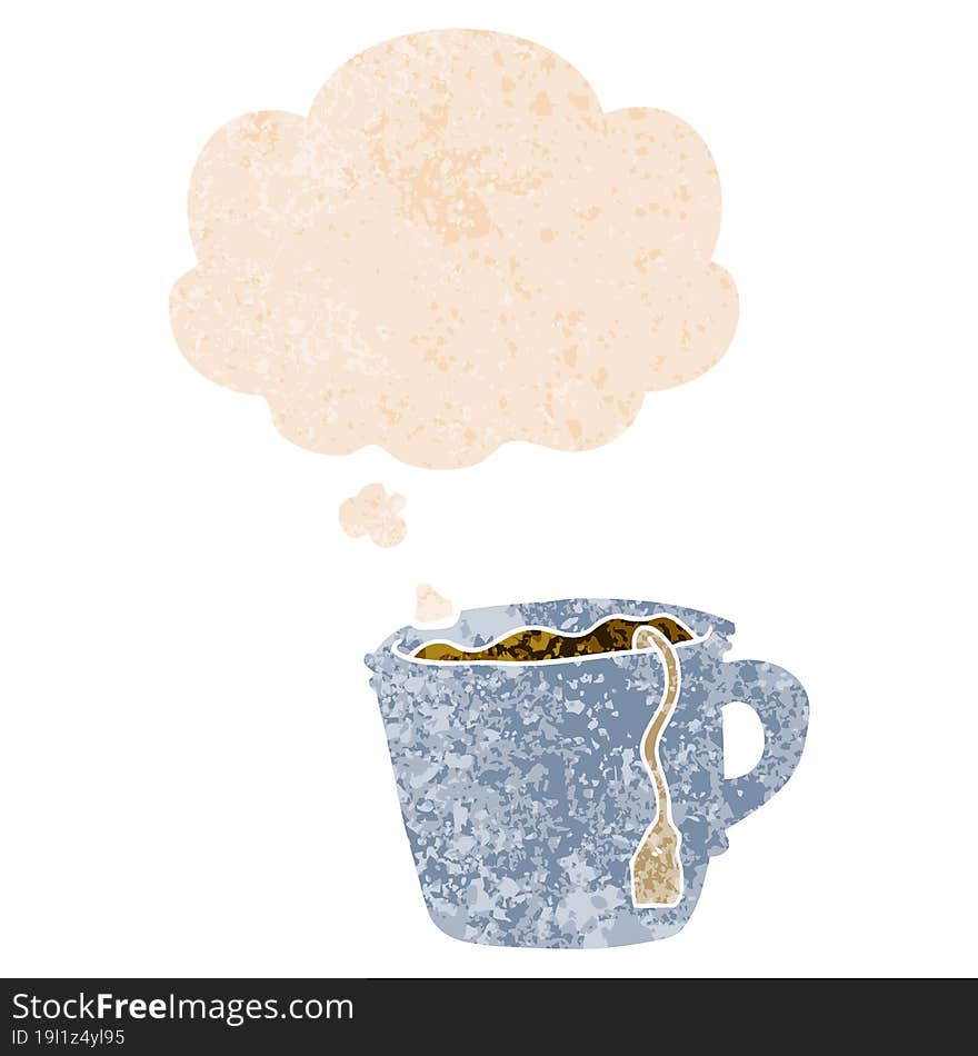 cartoon hot cup of tea and thought bubble in retro textured style