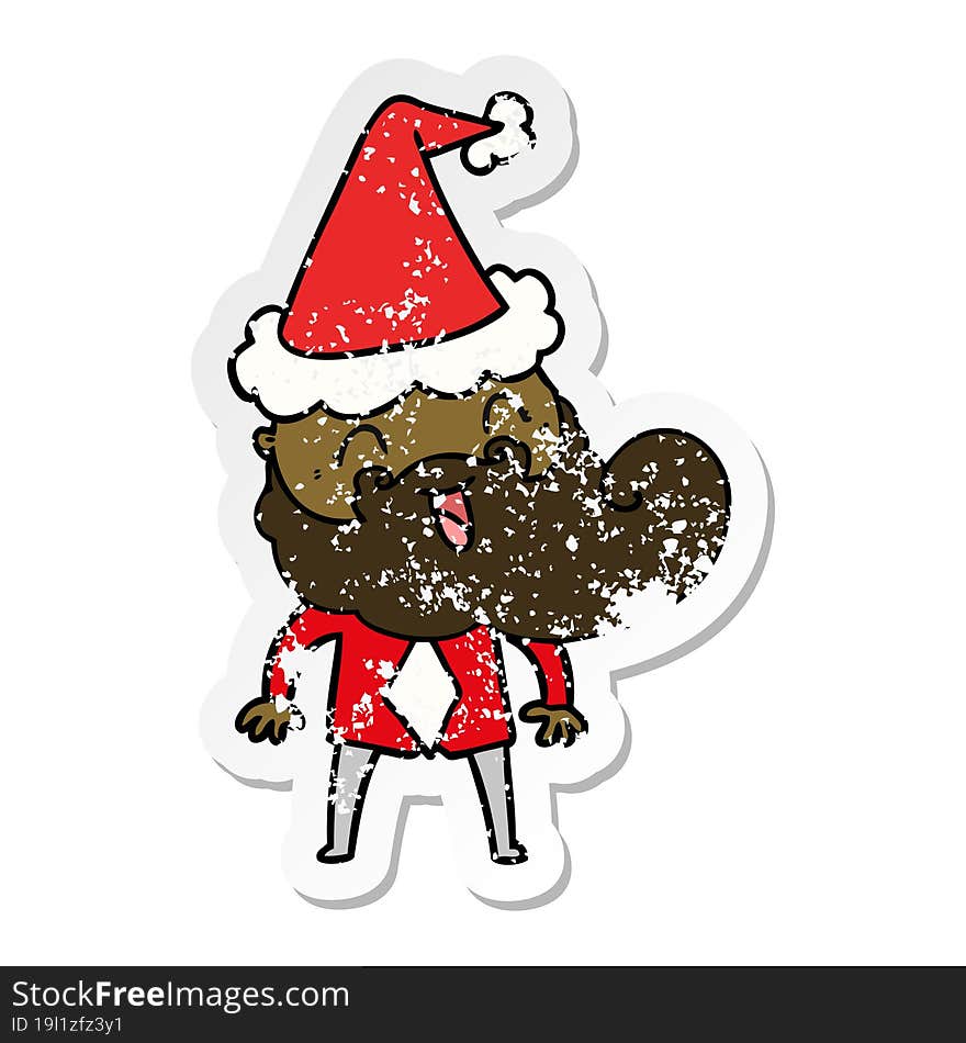 Hand Drawn Distressed Sticker Cartoon Of A Happy Bearded Man Wearing Santa Hat