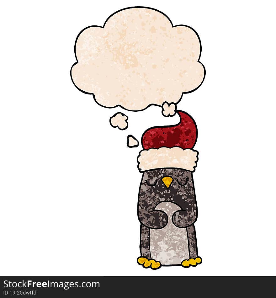 Cartoon Christmas Penguin And Thought Bubble In Grunge Texture Pattern Style