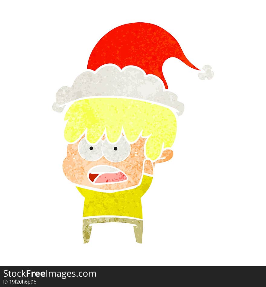 worried retro cartoon of a boy wearing santa hat