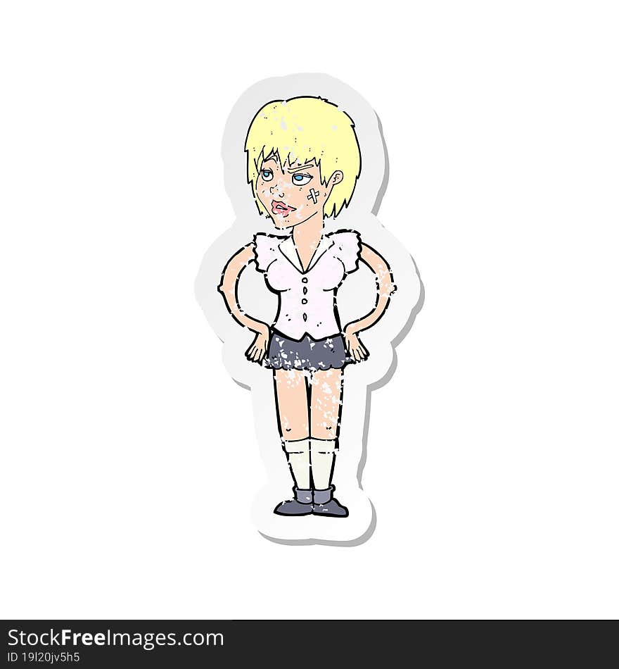 retro distressed sticker of a cartoon tough woman with hands on hips