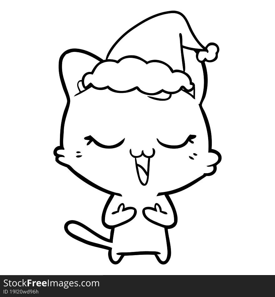 happy line drawing of a cat wearing santa hat