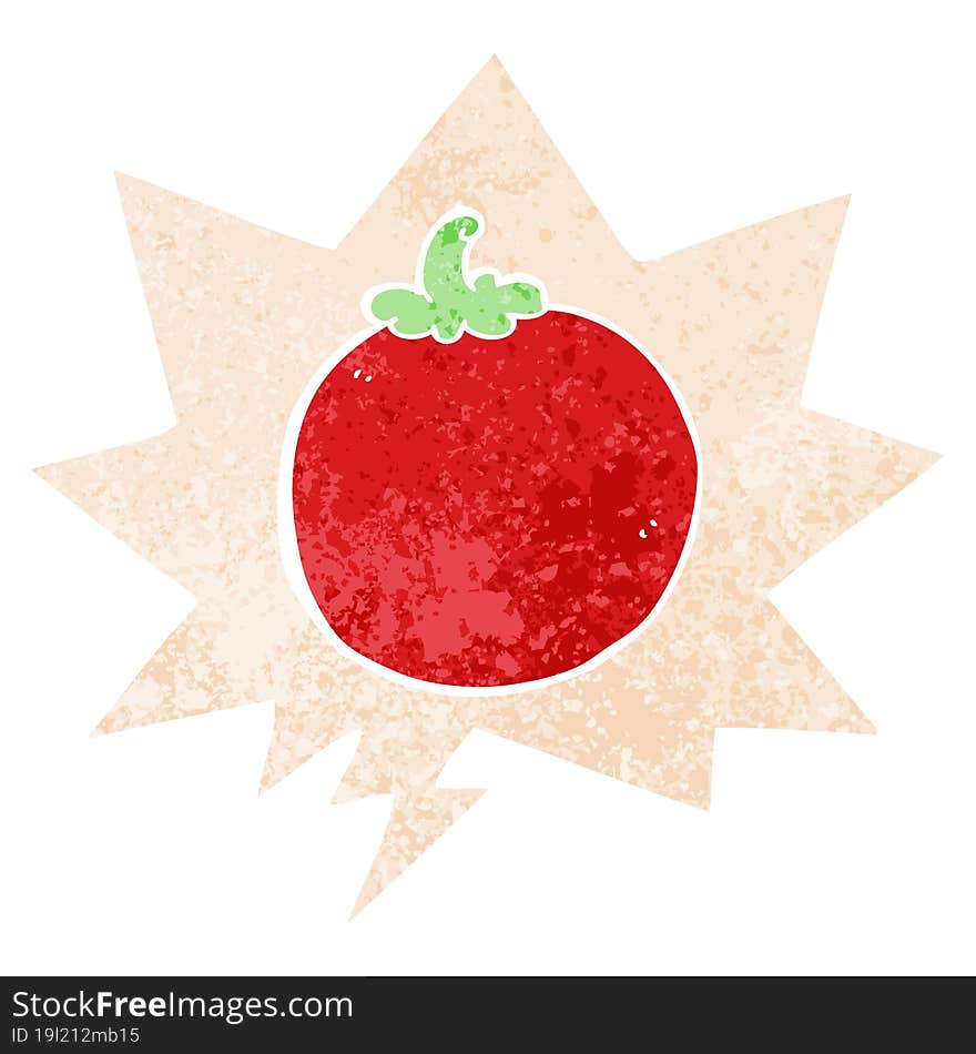 cartoon tomato and speech bubble in retro textured style