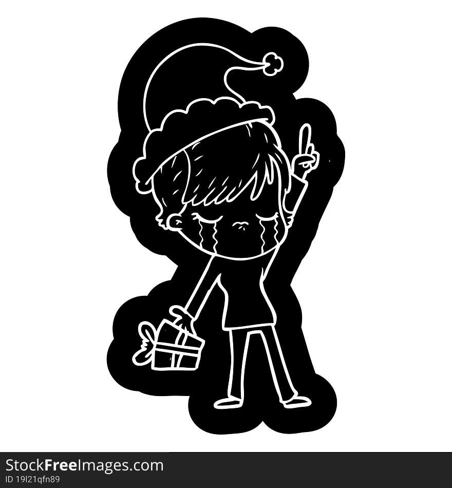 cartoon icon of a woman crying wearing santa hat