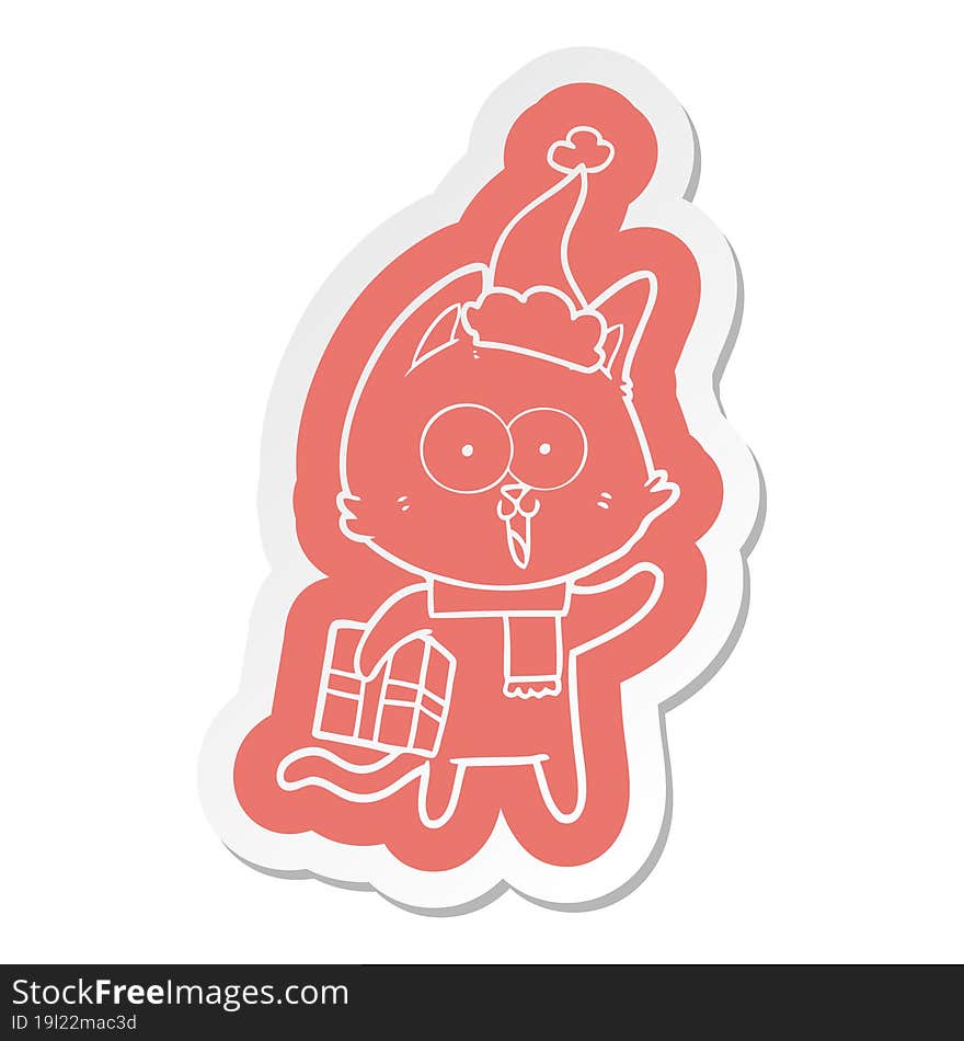 funny cartoon  sticker of a cat wearing santa hat