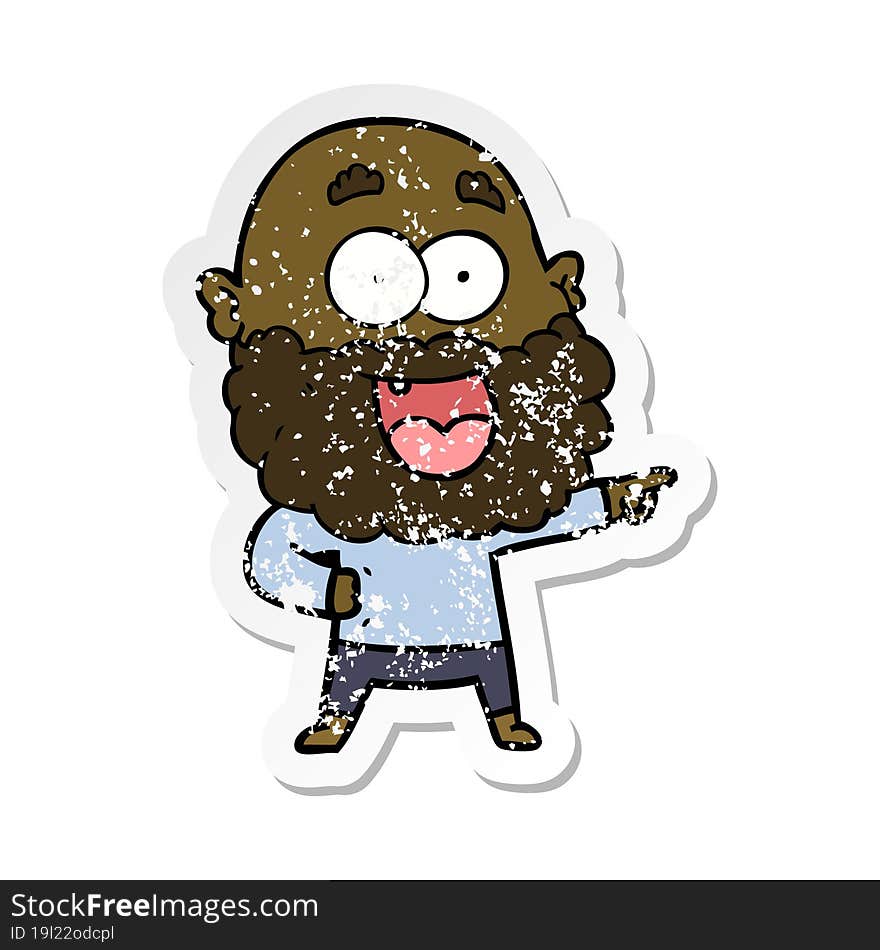 distressed sticker of a cartoon crazy happy man with beard