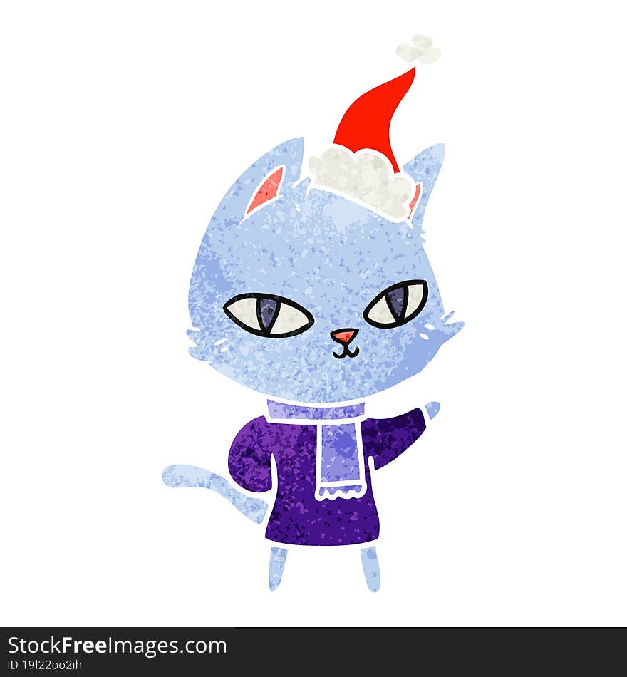 retro cartoon of a cat staring wearing santa hat