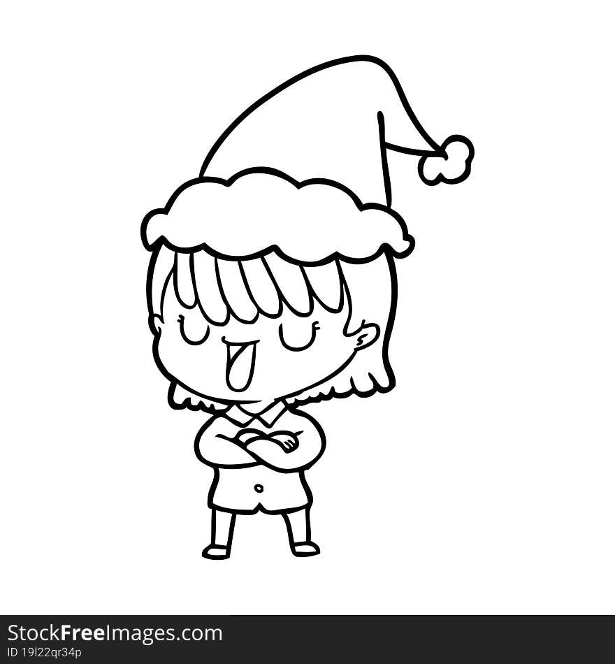 hand drawn line drawing of a woman wearing santa hat