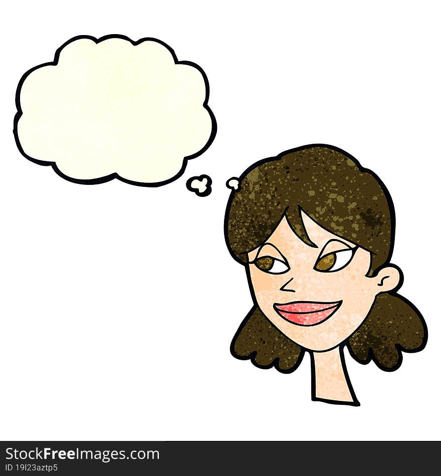 cartoon happy female face with thought bubble