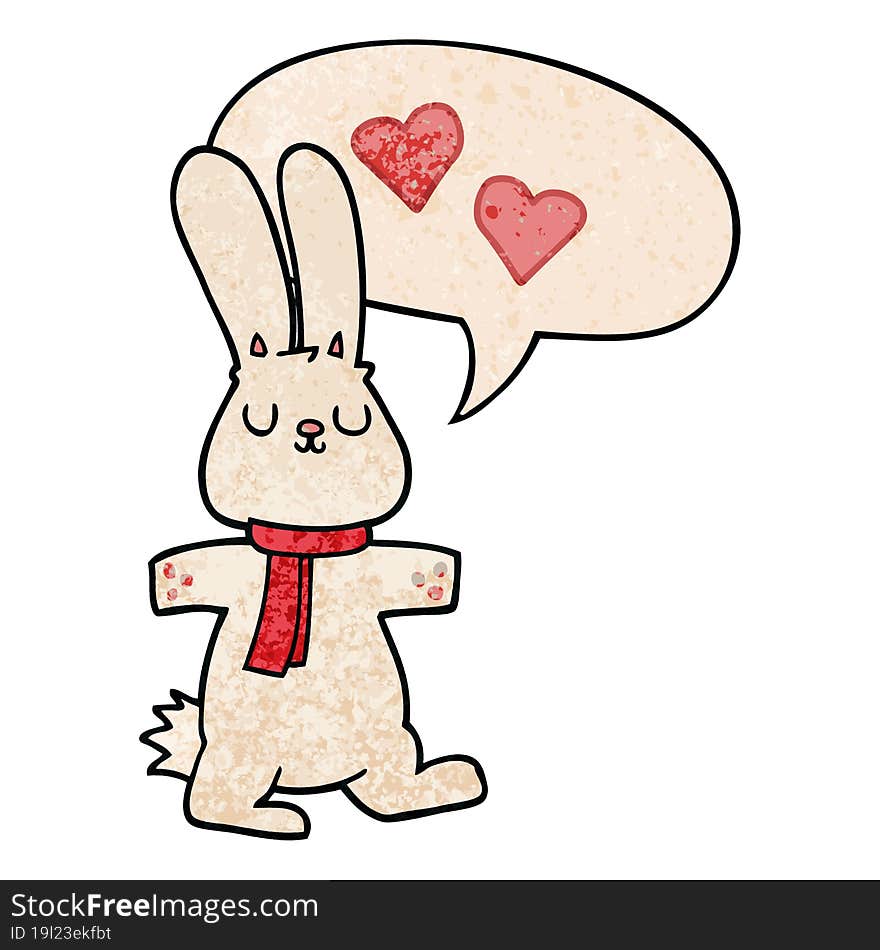 cartoon rabbit in love with speech bubble in retro texture style