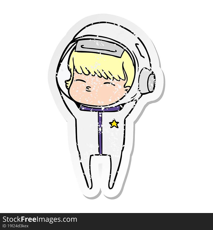 Distressed Sticker Of A Cartoon Curious Astronaut