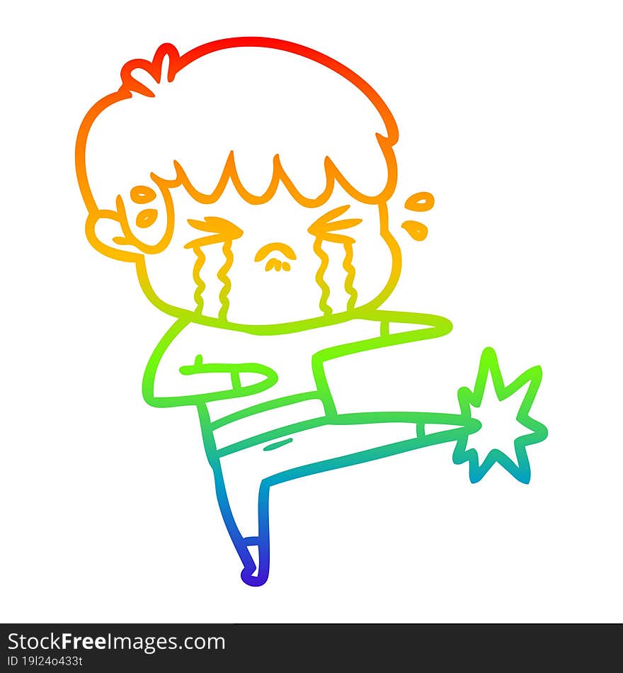 rainbow gradient line drawing of a cartoon boy crying