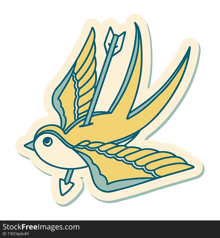 tattoo style sticker of a swallow pieced by arrow