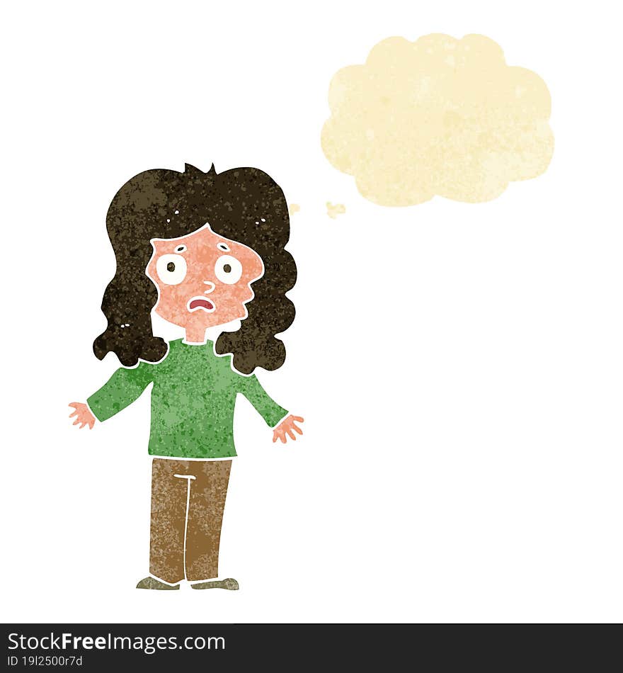 cartoon worried woman with thought bubble