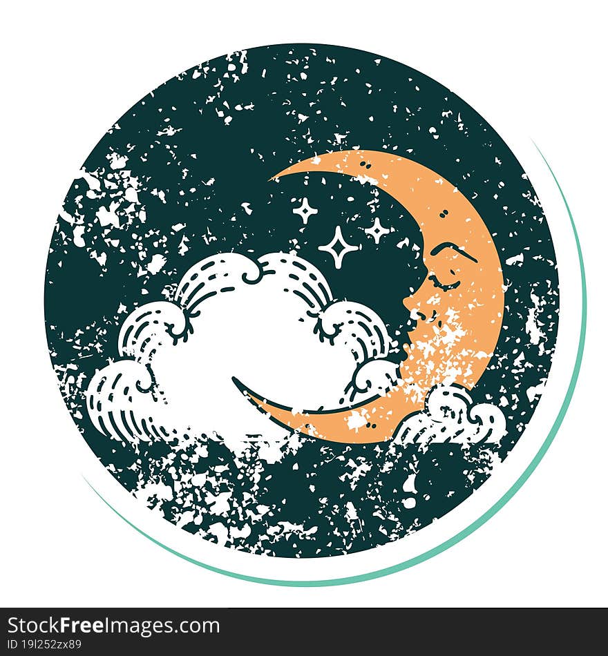 distressed sticker tattoo style icon of a crescent moon and clouds