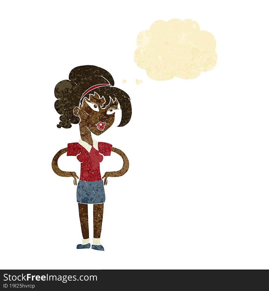 cartoon woman with hands on hips with thought bubble