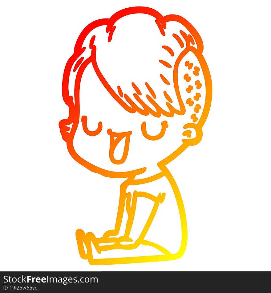 warm gradient line drawing of a cute cartoon girl with hipster haircut