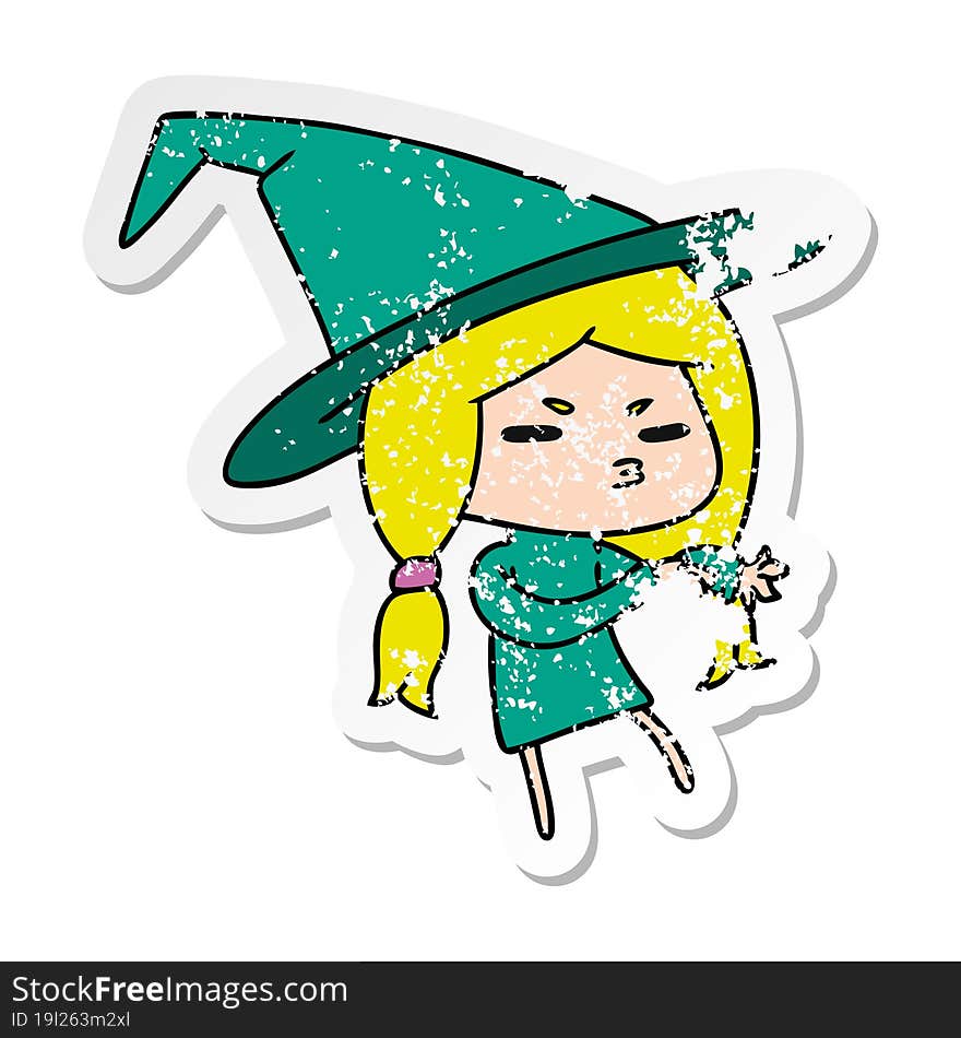 distressed sticker cartoon of a cute witch kawaii girl