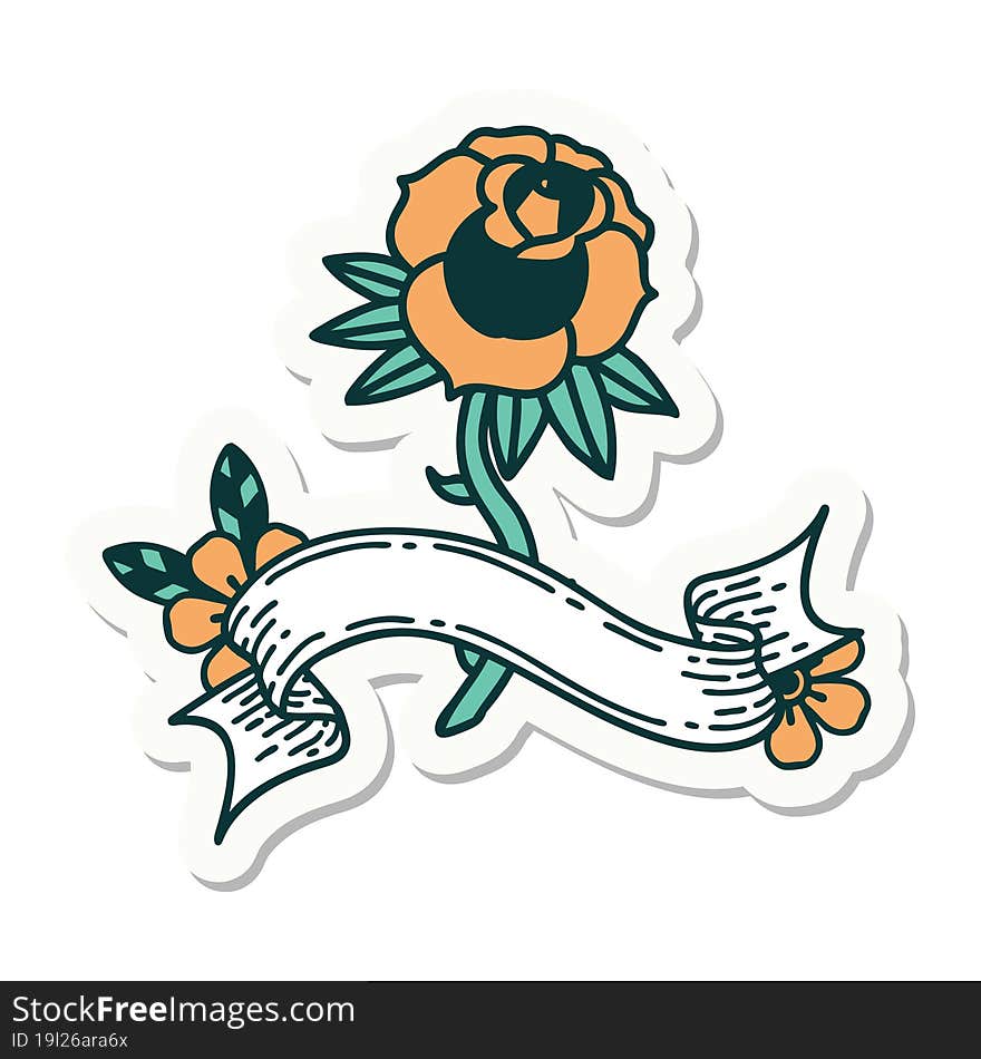 tattoo style sticker with banner of a rose