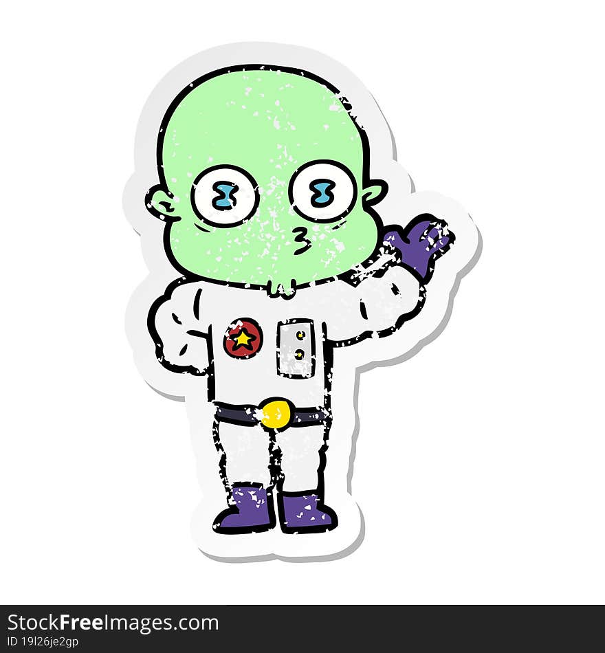 Distressed Sticker Of A Waving Weird Bald Spaceman