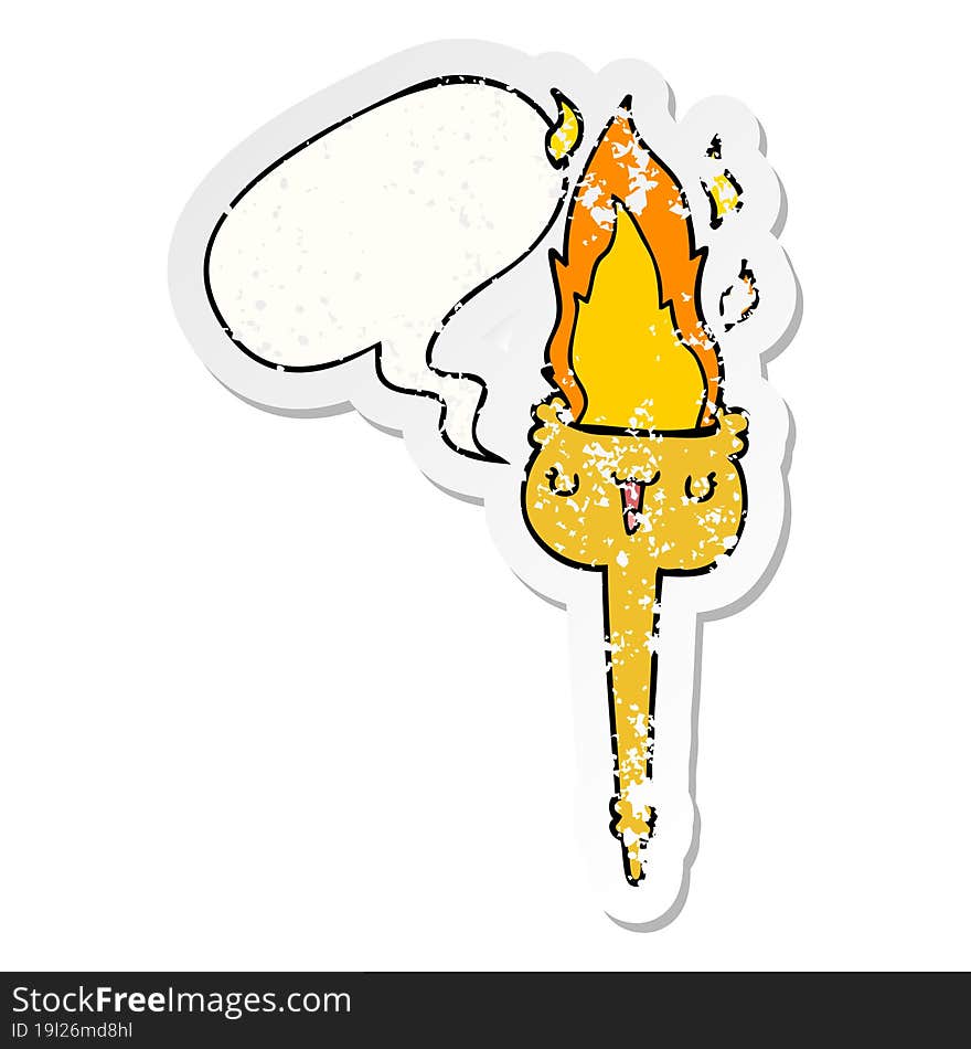 cartoon flaming torch and speech bubble distressed sticker