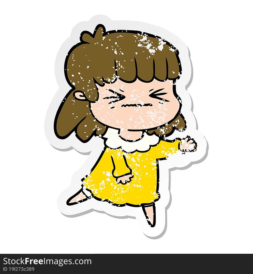 distressed sticker of a cartoon angry girl