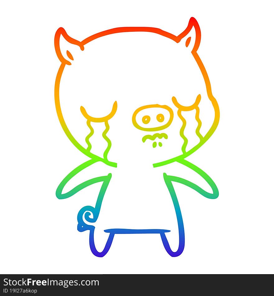 rainbow gradient line drawing of a cartoon pig crying