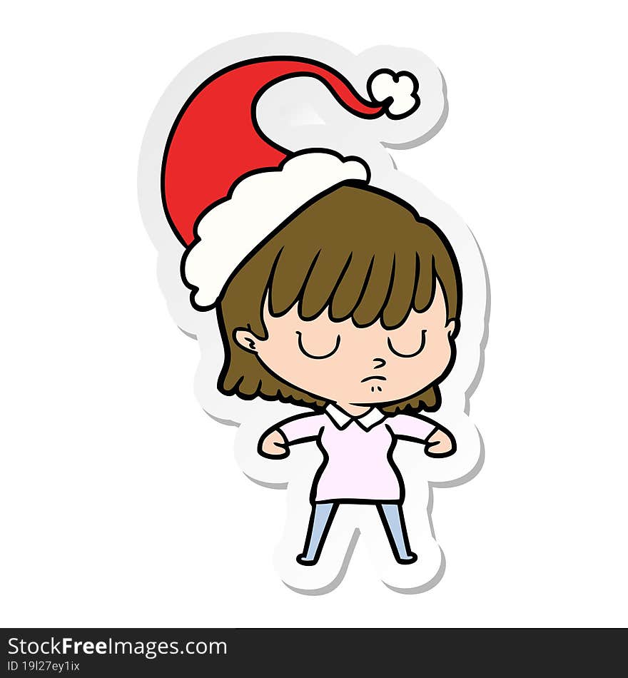 hand drawn sticker cartoon of a woman wearing santa hat