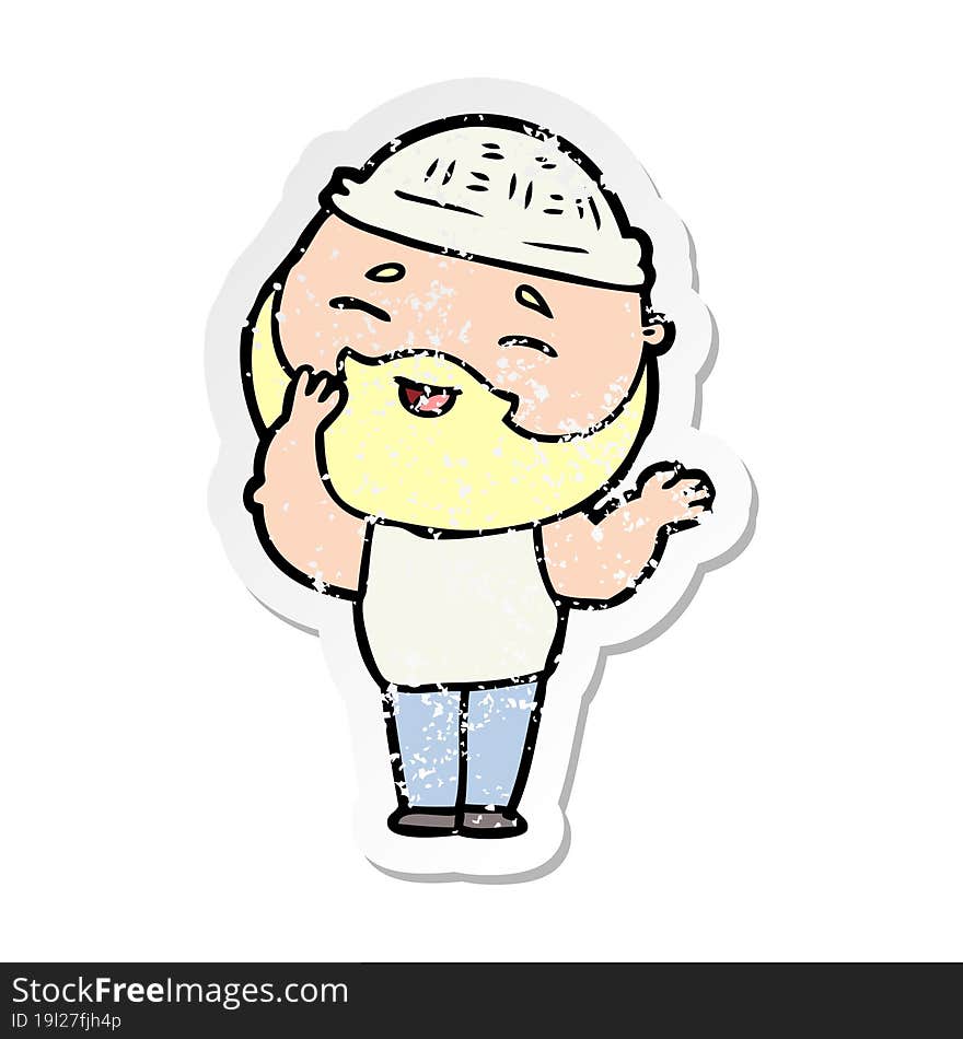 distressed sticker of a cartoon happy bearded man