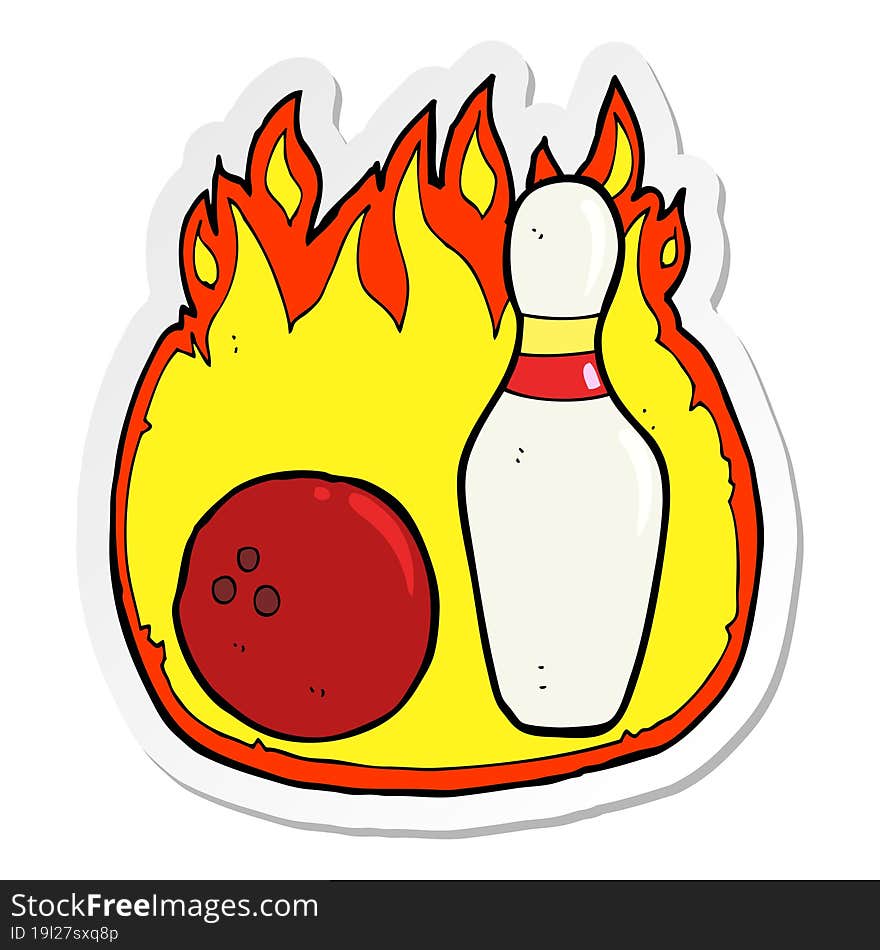 sticker of a ten pin bowling cartoon symbol with fire