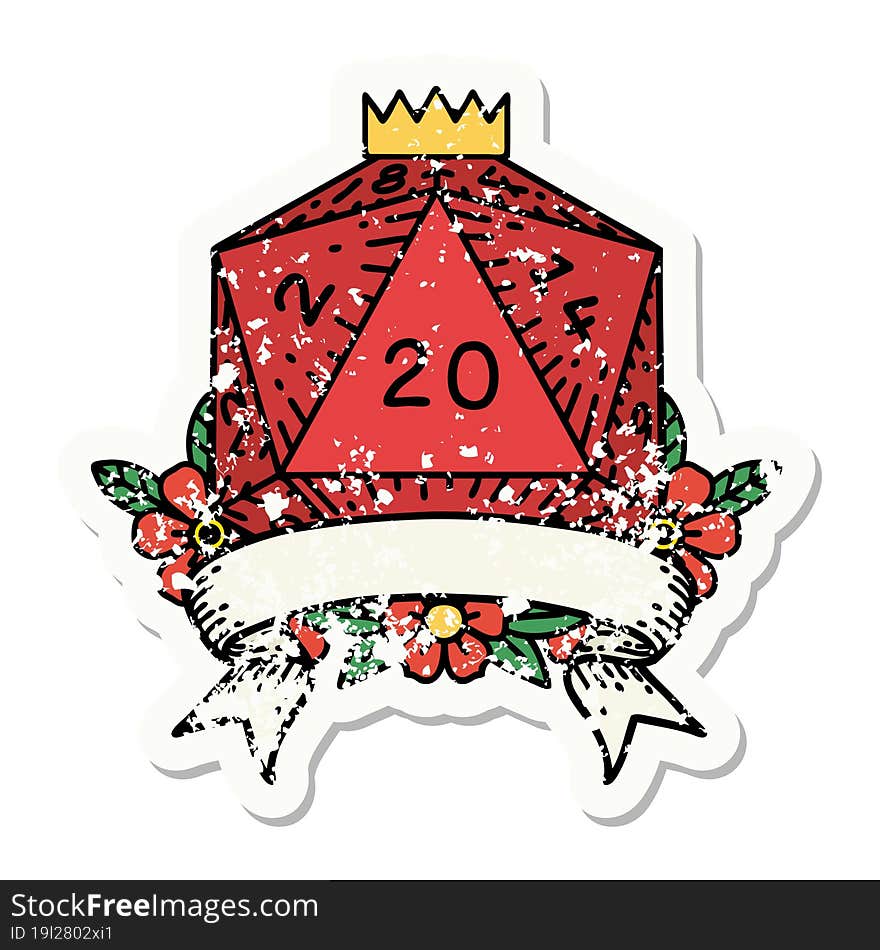 grunge sticker of a natural 20 critical hit D20 dice roll. grunge sticker of a natural 20 critical hit D20 dice roll