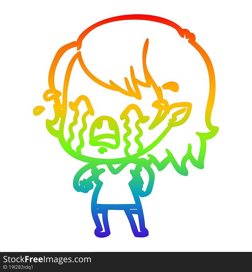 rainbow gradient line drawing cartoon crying vampire girl