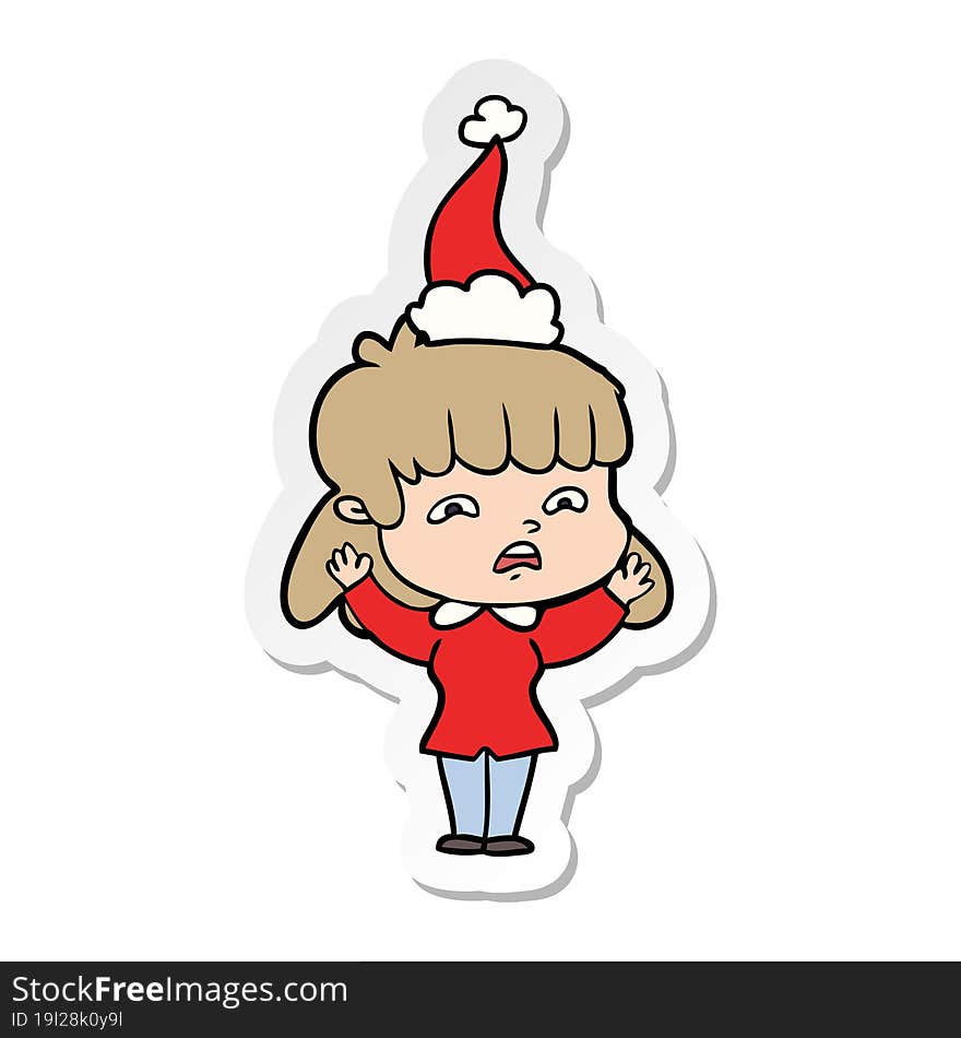 sticker cartoon of a worried woman wearing santa hat