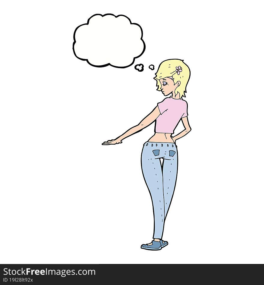 cartoon pretty girl in jeans and tee with thought bubble