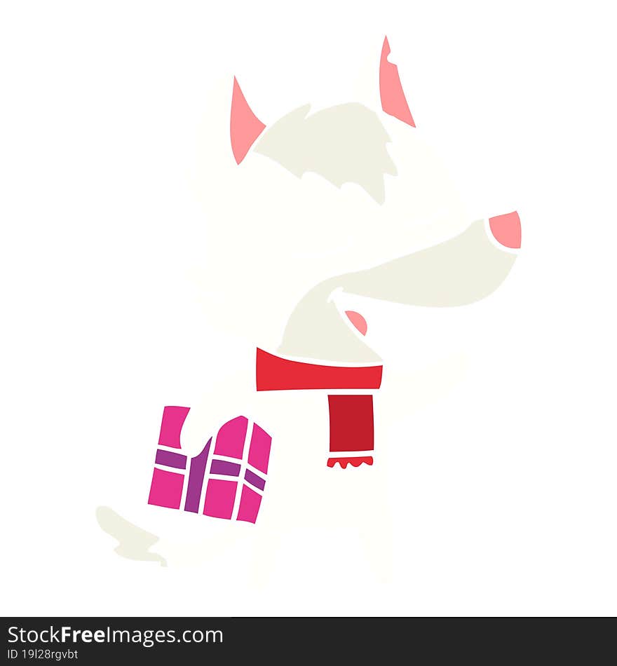 flat color style cartoon wolf with christmas present laughing