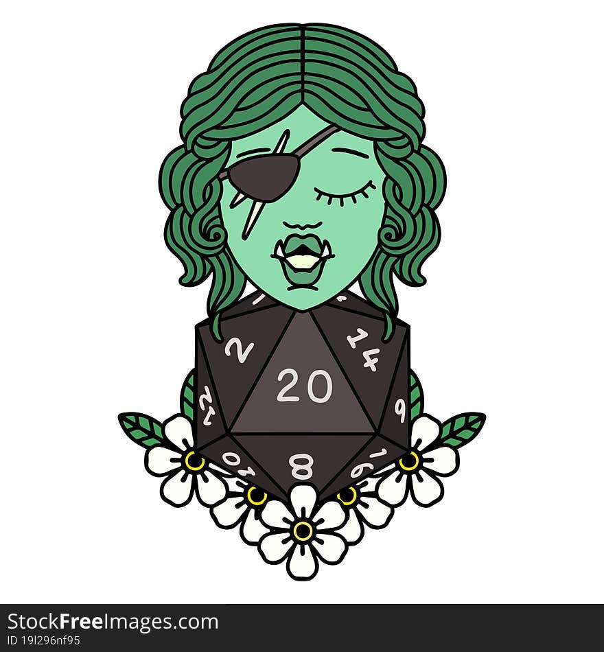 Retro Tattoo Style half orc rogue with natural twenty dice roll. Retro Tattoo Style half orc rogue with natural twenty dice roll