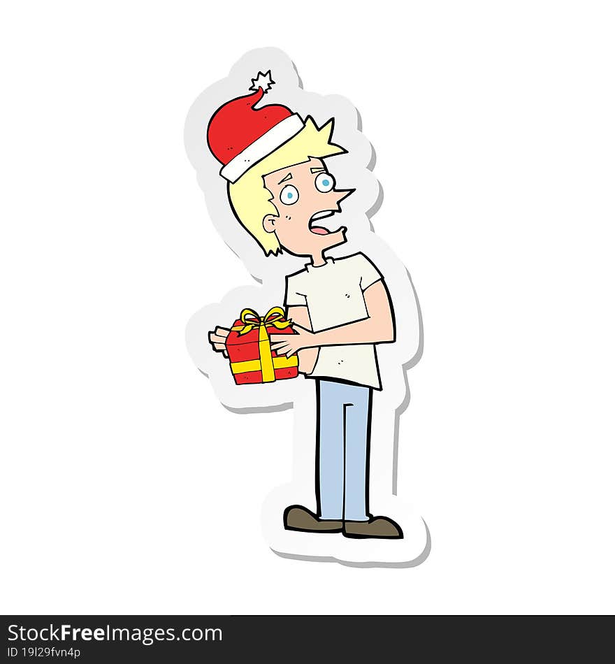 Sticker Of A Cartoon Man With Present