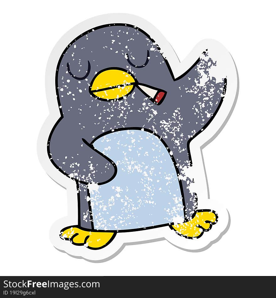 distressed sticker of a quirky hand drawn cartoon penguin