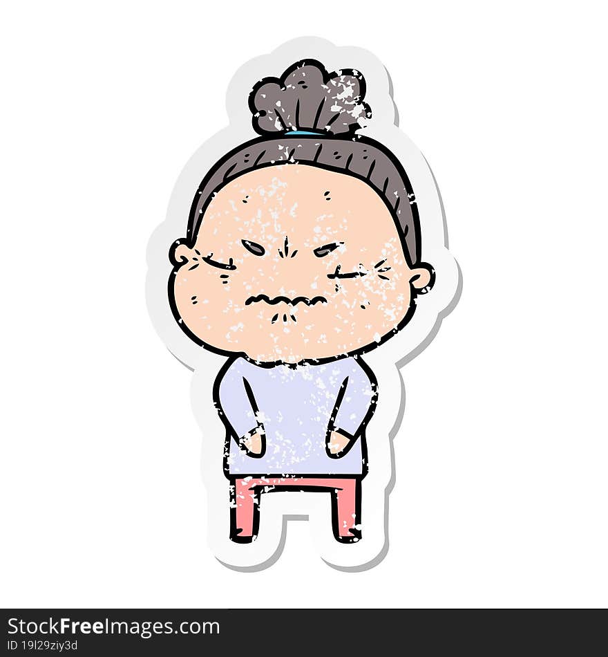 distressed sticker of a cartoon annoyed old lady