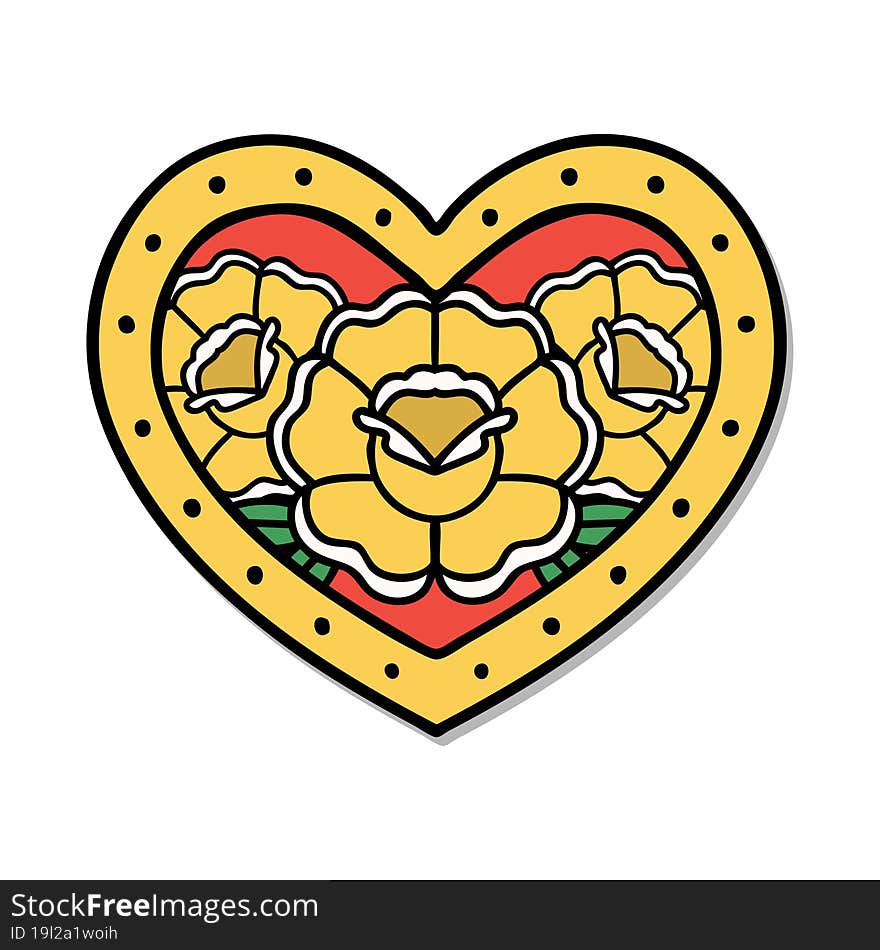 sticker of tattoo in traditional style of a heart and flowers. sticker of tattoo in traditional style of a heart and flowers