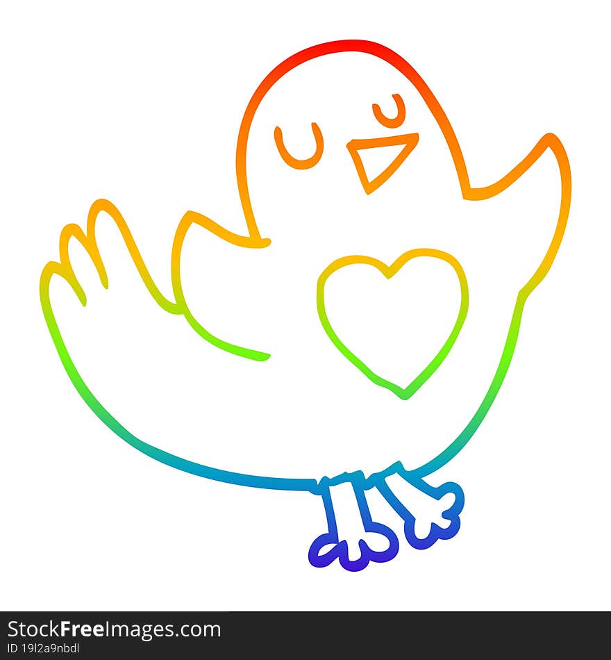 Rainbow Gradient Line Drawing Cartoon Bird With Love Heart