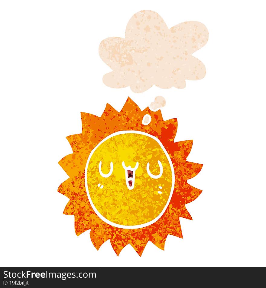 cartoon sun and thought bubble in retro textured style