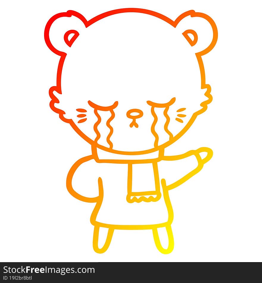 Warm Gradient Line Drawing Crying Cartoon Bear Wearing Winter Clothes