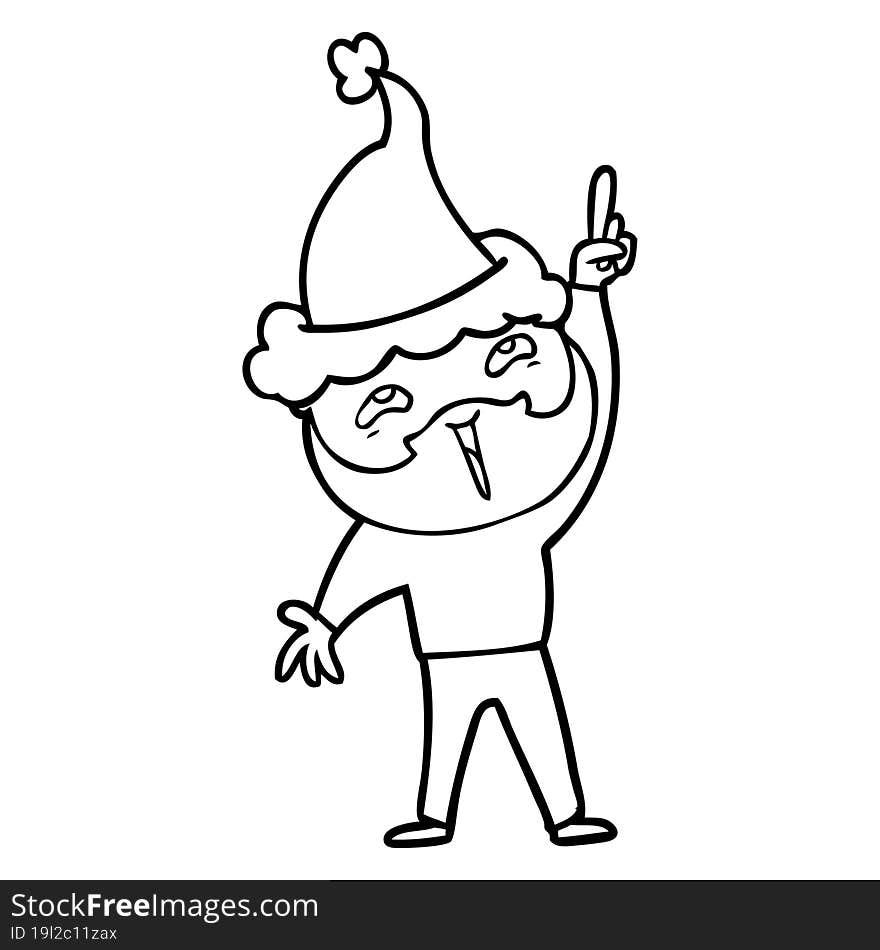 line drawing of a happy bearded man wearing santa hat